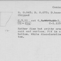 Index card with typed and handwritten information, sometimes including a sketch, of pottery from an excavation.