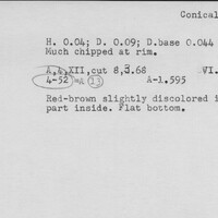 Index card with typed and handwritten information, sometimes including a sketch, of pottery from an excavation.