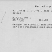 Index card with typed and handwritten information, sometimes including a sketch, of pottery from an excavation.