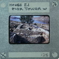 An old, stone-built structure with a tree near it, photographed on a vintage film format.