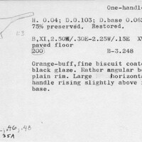Index card with typed and handwritten information, sometimes including a sketch, of pottery from an excavation.
