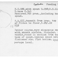 Index card with typed and handwritten information, sometimes including a sketch, of pottery from an excavation.