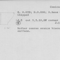 Index card with typed and handwritten information, sometimes including a sketch, of pottery from an excavation.