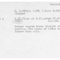 Index card with typed and handwritten information, sometimes including a sketch, of pottery from an excavation.
