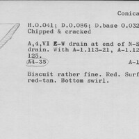 Index card with typed and handwritten information, sometimes including a sketch, of pottery from an excavation.