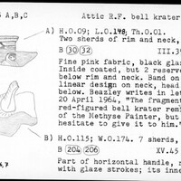 Index card with typed and handwritten information, sometimes including a sketch, of pottery from an excavation.