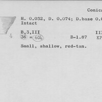 Index card with typed and handwritten information, sometimes including a sketch, of pottery from an excavation.