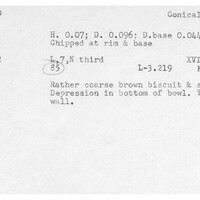 Index card with typed and handwritten information, sometimes including a sketch, of pottery from an excavation.