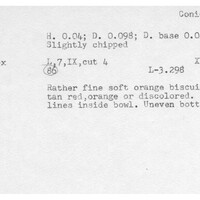 Index card with typed and handwritten information, sometimes including a sketch, of pottery from an excavation.