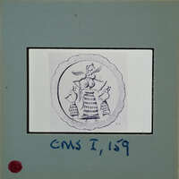 Image of a seal stone with an embossed figure on it, displayed on a card with handwritten notes.