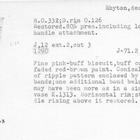 Index card with typed and handwritten information, sometimes including a sketch, of pottery from an excavation.