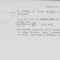 Index card with typed and handwritten information, sometimes including a sketch, of pottery from an excavation.