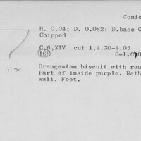 Index card with typed and handwritten information, sometimes including a sketch, of pottery from an excavation.