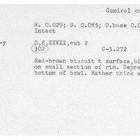 Index card with typed and handwritten information, sometimes including a sketch, of pottery from an excavation.