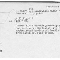 Index card with typed and handwritten information, sometimes including a sketch, of pottery from an excavation.