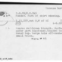 Index card with typed and handwritten information, sometimes including a sketch, of pottery from an excavation.