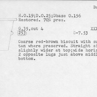 Index card with typed and handwritten information, sometimes including a sketch, of pottery from an excavation.