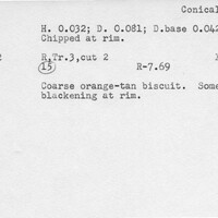 Index card with typed and handwritten information, sometimes including a sketch, of pottery from an excavation.