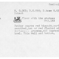 Index card with typed and handwritten information, sometimes including a sketch, of pottery from an excavation.