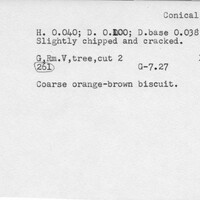 Index card with typed and handwritten information, sometimes including a sketch, of pottery from an excavation.