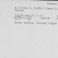 Index card with typed and handwritten information, sometimes including a sketch, of pottery from an excavation.