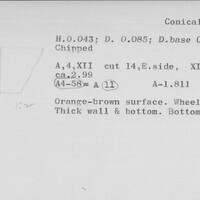 Index card with typed and handwritten information, sometimes including a sketch, of pottery from an excavation.