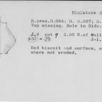 Index card with typed and handwritten information, sometimes including a sketch, of pottery from an excavation.