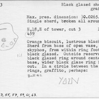 Index card with typed and handwritten information, sometimes including a sketch, of pottery from an excavation.