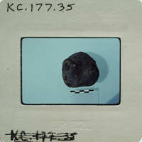 A small, dark-colored rock on a white surface with a ruler and labels.