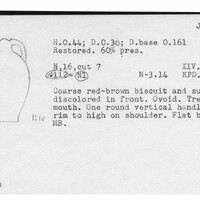 Index card with typed and handwritten information, sometimes including a sketch, of pottery from an excavation.