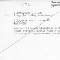 Index card with typed and handwritten information, sometimes including a sketch, of pottery from an excavation.