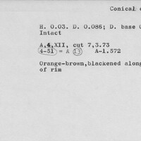 Index card with typed and handwritten information, sometimes including a sketch, of pottery from an excavation.