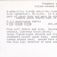Index card with typed and handwritten information, sometimes including a sketch, of pottery from an excavation.