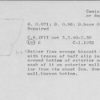 Index card with typed and handwritten information, sometimes including a sketch, of pottery from an excavation.