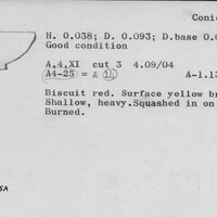 Index card with typed and handwritten information, sometimes including a sketch, of pottery from an excavation.