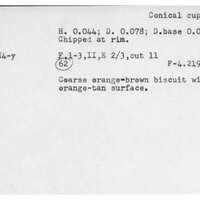 Index card with typed and handwritten information, sometimes including a sketch, of pottery from an excavation.