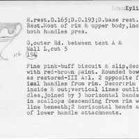 Index card with typed and handwritten information, sometimes including a sketch, of pottery from an excavation.