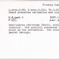 Index card with typed and handwritten information, sometimes including a sketch, of pottery from an excavation.