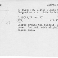 Index card with typed and handwritten information, sometimes including a sketch, of pottery from an excavation.