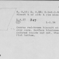 Index card with typed and handwritten information, sometimes including a sketch, of pottery from an excavation.