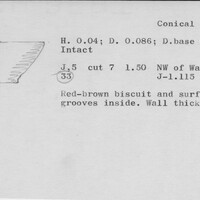 Index card with typed and handwritten information, sometimes including a sketch, of pottery from an excavation.