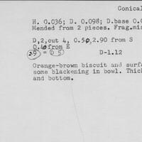 Index card with typed and handwritten information, sometimes including a sketch, of pottery from an excavation.