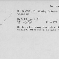 Index card with typed and handwritten information, sometimes including a sketch, of pottery from an excavation.