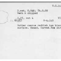Index card with typed and handwritten information, sometimes including a sketch, of pottery from an excavation.