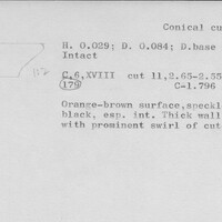 Index card with typed and handwritten information, sometimes including a sketch, of pottery from an excavation.