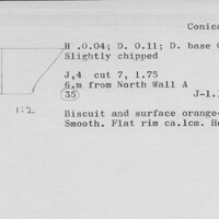 Index card with typed and handwritten information, sometimes including a sketch, of pottery from an excavation.