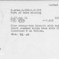 Index card with typed and handwritten information, sometimes including a sketch, of pottery from an excavation.