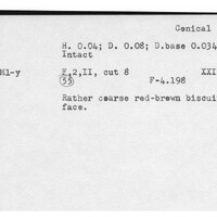 Index card with typed and handwritten information, sometimes including a sketch, of pottery from an excavation.