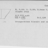 Index card with typed and handwritten information, sometimes including a sketch, of pottery from an excavation.