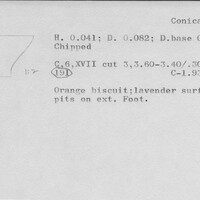 Index card with typed and handwritten information, sometimes including a sketch, of pottery from an excavation.